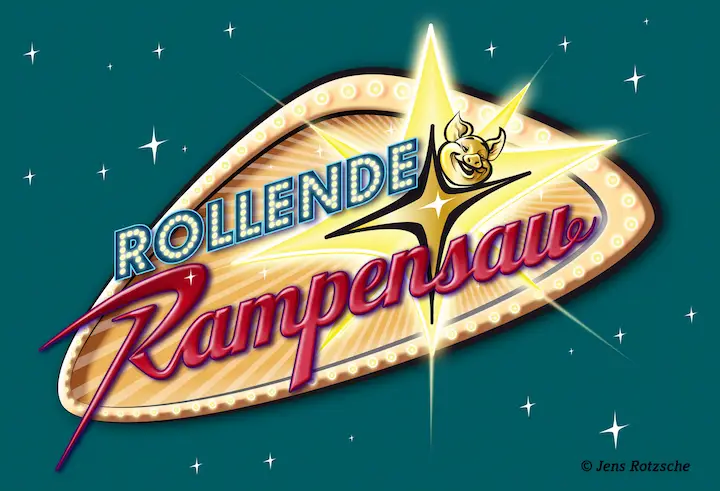 Rollende Rampensau, digitale - und analoge Illustration, Logo für mobile Bühne, Theaterwagen