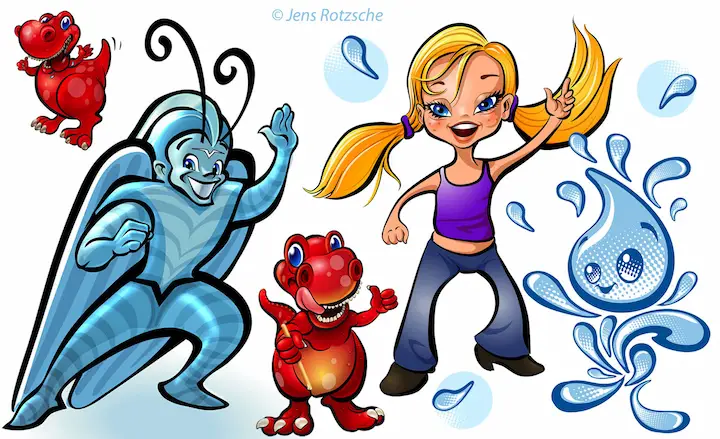 Comic-Characters, Kids-Illustrations, Childrens Book-Characters, Dinosaurier, girl, wassertropfen, Tiger, digitale - und