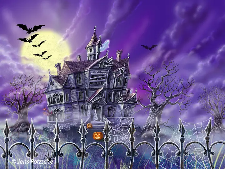 Halloween, haunted house, Gruselhaus, Comicstyle, digitale - und analoge Illustration