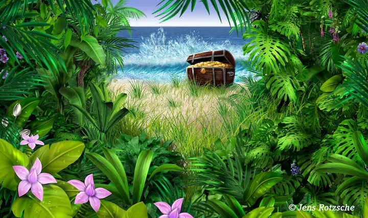 Jungle-beach with treasure-chest. Dschungel, Urwald, tropen, Strand, Schatzttruhe, digitale - und analoge Illustration, 